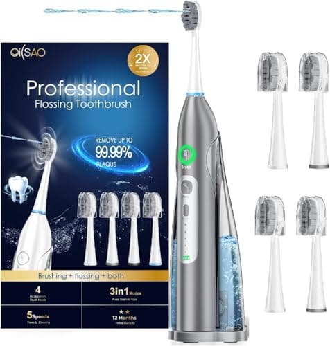 OILSAO Electric Toothbrush with Water Flosser, 3 Sonic Modes, 5 Flossing Speeds with 3 Brushes + 1 Nozzle, Portable Flossing Toothbrush Combo for Adults Teeth Cleaning Kit for Plaque Removal,Silver