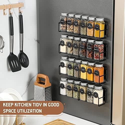 VITEVER Magnetic Spice Rack, 4 Pack, 24 Square Glass Jars with Lids, Quick-Find Pre-Printed Labels, Funnel, Space Saver, Refrigerator and Microwave Oven Organizer 6