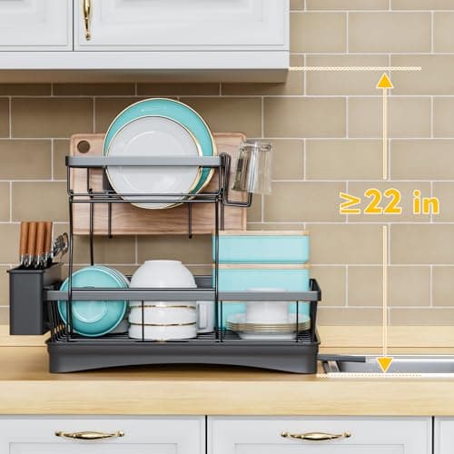 7 code Large Dish Drying Rack for Kitchen Counter, Detachable Large Capacity Dish Drainer Organizer, 2-Tier Dish Racks with Utensil Holder, Black 7