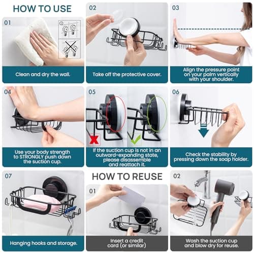 TAILI Soap Dish Bar Soap Holder Suction Cup with Hooks, Soap Bar Holder for Shower Wall, Soap Saver Tray for Bathroom, Tub, Rustproof Stainless Steel Sponge Holder for Kitchen, Drill-Free,Black 5