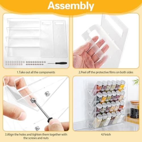 GTJ Spice Rack, 4 Tiers Clear Shelves Spice Organization for Cabinet, Acrylic Seasoning Organizer for Countertop, Spice Drawer Organizer for Kitchen, Pantry 7