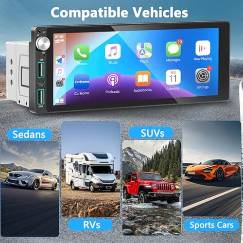 Single Din Car Stereo with Apple Carplay Android Auto,6.9 Inch IPS Touchscreen, 1 Din Car Audio Receivers wtih Bluetooth Handsfree/FM/AM/Dual USB/Type-C/EQ/SWC/GPS Navigation/Backup Camera/Microphone 9