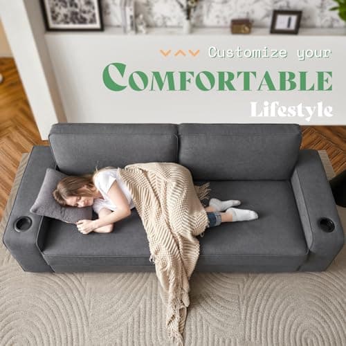 AMERLIFE 89 inch Couch, 3-Seater Sofa Couch- Deep Seat Sofa with 2 USB Charging Ports & 2 Cup Holders, Modern Sofas for Living Room, Charcoal Grey Chenille 6