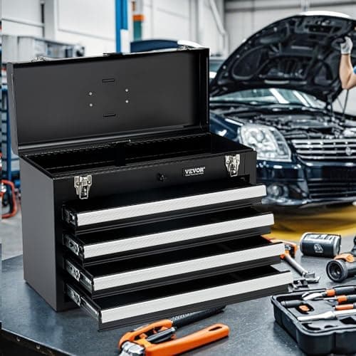VEVOR Metal Tool Box, 20.5-inch, Portable Metal Tool Box with 4 Drawers, Small Tool Chest with EVA Liners, Ball Bearing Slide Drawers Locking & Powder Coated Finish, Multi-Function Tool Organizer 8