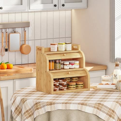 HOOBRO Bread Box, Bamboo Bread Box for Kitchen Countertop, 2-Tier Roll-Top Bread Bin, Food Storage Box, Bamboo Storage Cabinet with Handles, for Kitchen, Dining Room, Natural YL15MB01 5