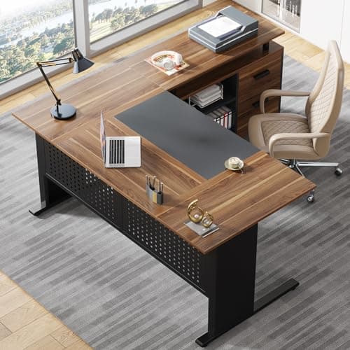 Tribesigns 63 Inch Executive Desk with File Cabinet, Large Office Desk L Shaped Computer Desk with Drawers and Storage Shelves, Business Furniture Desk Workstation for Home Office, Brown and Black 8