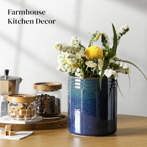 DOWAN 7.2" Kitchen Utensil Holder, Extra Large Farmhouse Utensil Holders for Countertop, Ceramic Utensil Crock, Anti Slip Cork Bottom 7