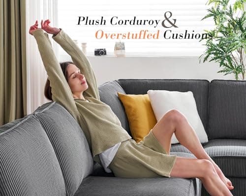 PaPaJet U Shaped Couch, 112 Inch Oversized Couch with Storage Chaise, Sectional Sofa with Cup Holders & 2 USB Ports, Corduroy Grey Sofa 6