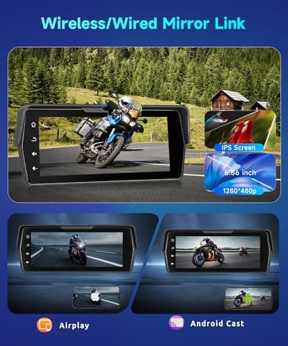 Motorcycle Front+Rear Dash Cam,6.86 inch IPS 1280x480P Touch Screen,1080P Motorcycle Camera DVR,Wireless Carplay&Android Auto,GPS,IP67 Waterproof,120°Wide,Bluetooth5.0,TF,PhoneLink for Motorbike 5