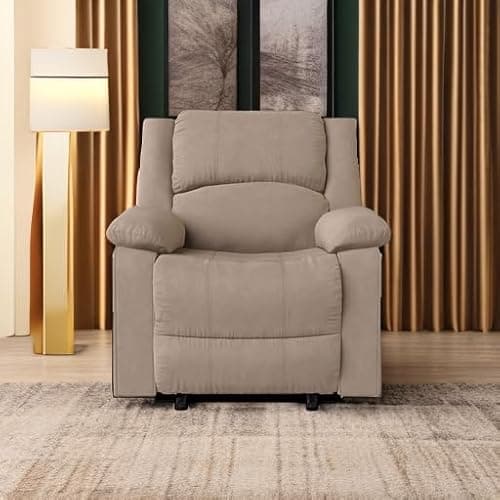 Relax-A-Lounger Warren 35.5" Manual Pull-Handle Recliner, Traditional Overstuffed, Pocket Coil Comfort, Black Metal Base Legs, Soft Microfiber Fabric, Beige 8
