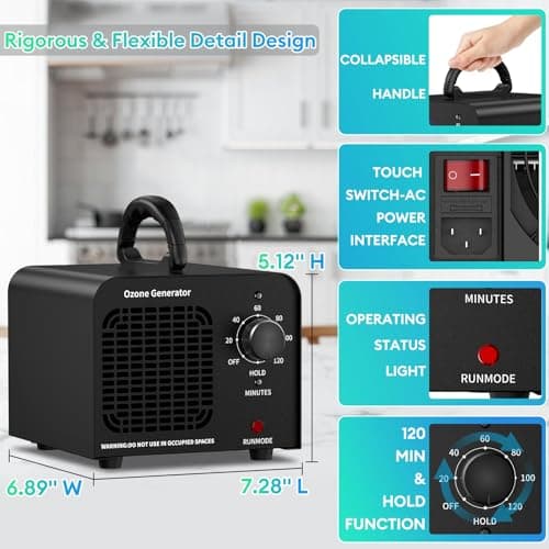 Ozone Generator 60000mg/h, Industrial/Home Ozone Machine, Odor Removal for Areas of 6,000 Square Feet, High Capacity Odor Eliminator for Car, Rooms, Smoke, Pets, O3 Air Purifier Deodorizes (Black) 7