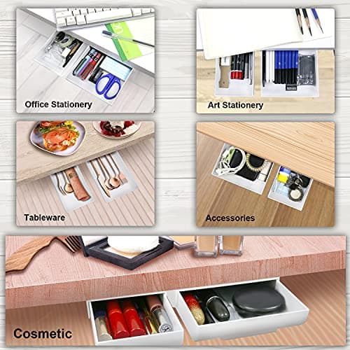 YOOUSOO 2 Pack Under Desk Storage Drawer Organizer, Hidden Slide Out Drawer Attachment, with Self - Adhesive Feature for Desktop and Table Organization, Hidden Under Desk 5