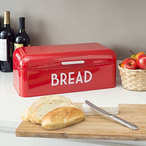 Home Basics Grove Bread Box For Kitchen Counter Dry Food Storage Container, Bread Bin, Store Bread Loaf, Dinner Rolls, Pastries, Baked Goods & More, Retro Vintage Design, Red 5