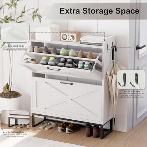 Chilihom Narrow Shoe Cabinet for Entryway, Organizer with 2 Flip Drawers, Slim Storage Cabinet with Metal Legs, Free Standing Corner Rack, White 7