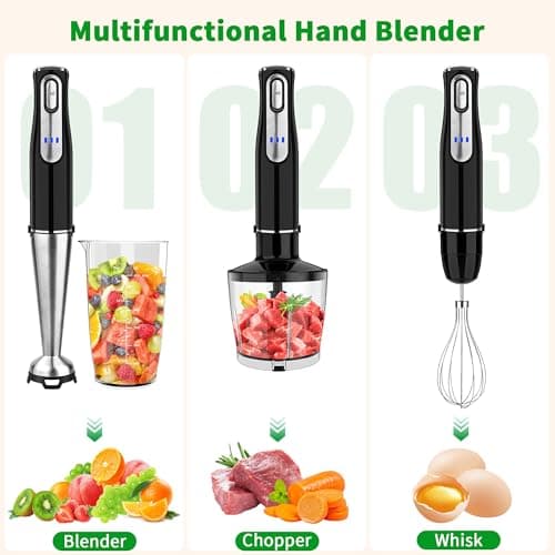 Cordless Immersion Blender Handheld, Rechargeable 4 In 1 Electric Hand Blender Stick Blender Variable Speed with Chopper, Beaker, Whisk, Stainless Steel Blade for Soup, Baby Food, Smoothies 6