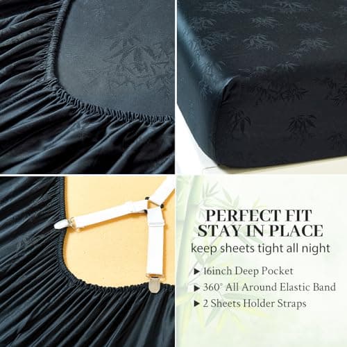 YIYEA 100% Viscose Derived from Bamboo Fitted Sheet with Pillow Cases for Hot Sleepers, 400TC Jacquard Cooling Fitted Bottom Sheet, 16" Deep Pocket, Silky Soft and Breathable, King, Black 5