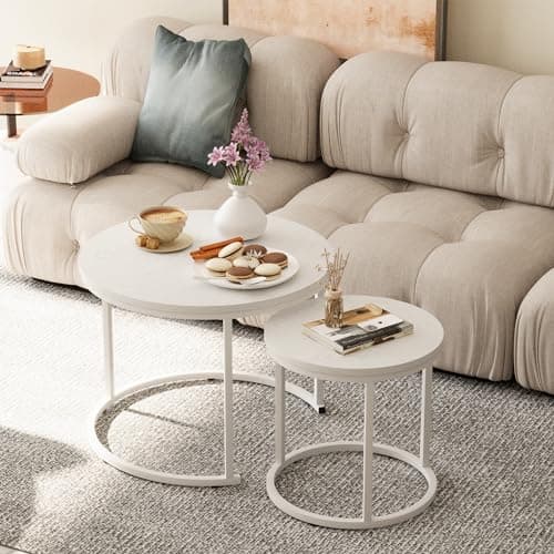 VILAWLENCE Nesting Coffee Table Round Side Table Set of 2 End Tables for Living Room Bedroom Balcony,White Wooden Stacking Accent Coffee Tables with Metal Frame