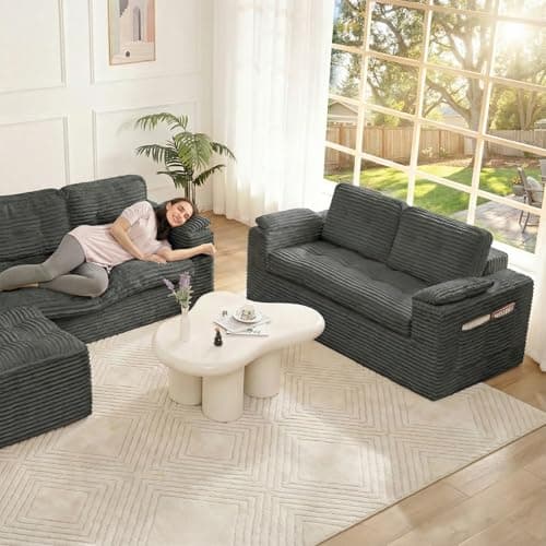 Fabulcozy Loveseat Sofa, Boneless Cloud Couch for Living Room 2 Seater Modern Lounge Sleeper Couch with Removable Cover Corduroy Sofa with Armrest, Seat Cushion & Pillows for Small Spaces, Dark Grey 9