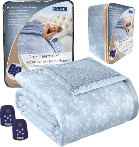 Shavel Home Products Micro Flannel Queen-Size Heated Electric Blanket with Sherpa, Machine Wash & Dry, Timer & Safety Shutoff, 90Lx84W, Toile Wedgewood