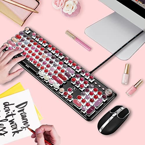 Basaltech Typewriter Style with White LED Backlight,Vintage Mechanical Gaming Keyboards with Lipstick Round Keycaps, Blue Switches 104-Keys Wired Keyboard Metal Panel for Laptop/pc 5