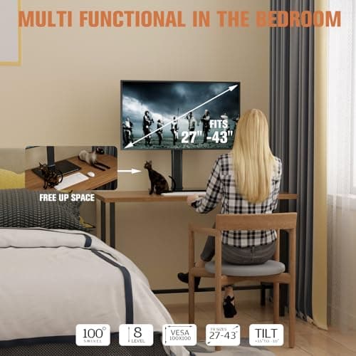 Single Monitor Stand Freestanding 27-43 Inch Monitor Arm Curved Screen Monitor Mount Tempered Glass Base Adjustable Motion Tilt -15° to 10° Swivel ±45° Rotation 360° Weight Capacity 77lbs HT05B-003 7