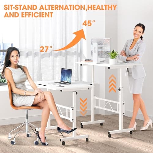 Klvied Small Standing Desk Adjustable Height, Mobile Table with Wheels, Portable Laptop Table, Standing Computer Desk for Walking Pad (White) 4