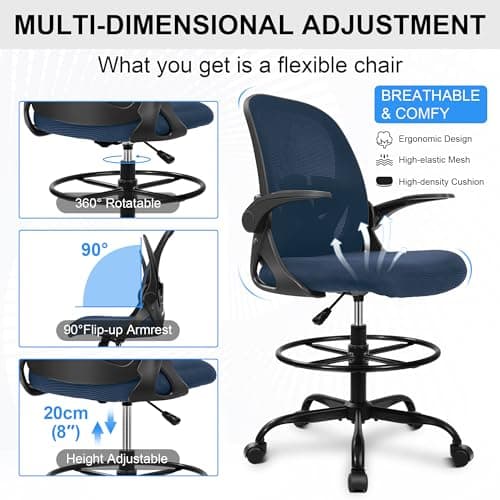 Primy Drafting Chair Tall Office Chair with Flip-up Armrests Executive Ergonomic Computer Standing Desk Chair with Lumbar Support and Adjustable Footrest Ring（Navy） 5