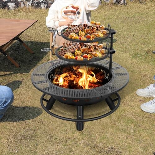 Hykolity 35 Inch Fire Pit with 2 Cooking Grate & Charcoal Pan, Outdoor Wood Burning BBQ Grill Firepit Bowl with Cover Lid, Steel Round Table for Backyard Bonfire Patio Picnic 8
