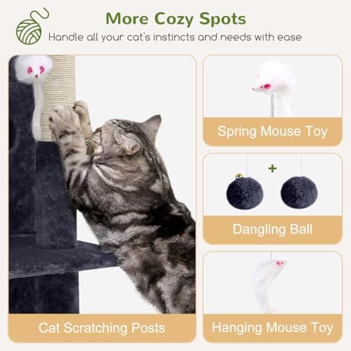 Globlazer Cat Tree Tower for Indoor Cats, 50-inch Adult Cat Tree House for Large Adult Cats with Steps, Scratching Post, 2 Cat Caves, Dangling Toys, FC50, Dark Grey 5