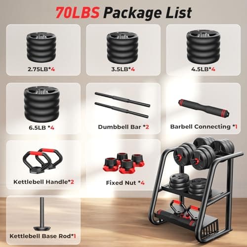 Adjustable dumbbell set, 70lbs Free Weights set with upgraded nut, 5 in 1 Weight Set Used as Kettlebells, Barbell, Push up Stand, Fitness Exercise for Home Gym Suitable Men/Women 9
