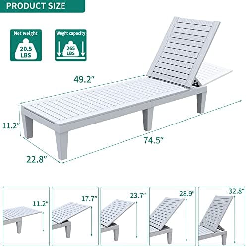 YITAHOME Outdoor Chaise Lounge Chairs Set of 4 with Adjustable Backrest, Sturdy Loungers for Patio & Poolside, Easy Assembly & Waterproof & Lightweight with 265lbs Weight Capacity, Grayish-White 3