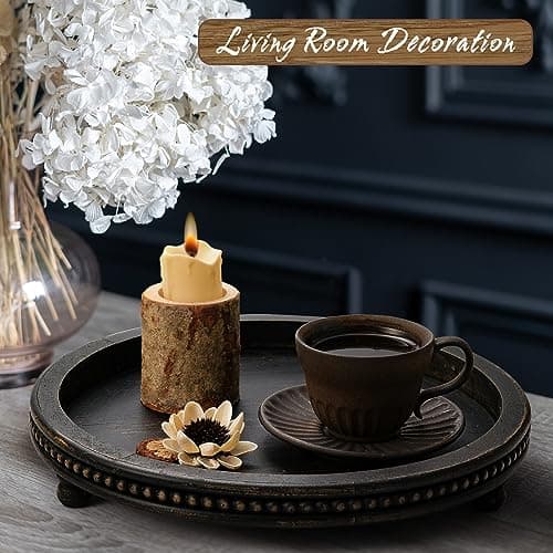 KULEDM Wooden Tray Decor, Small Beaded Coffee Table Tray Decor, Black Round Decorative Tray for Coffee Table, Dining Room Table Entryway and Living Room Table 5