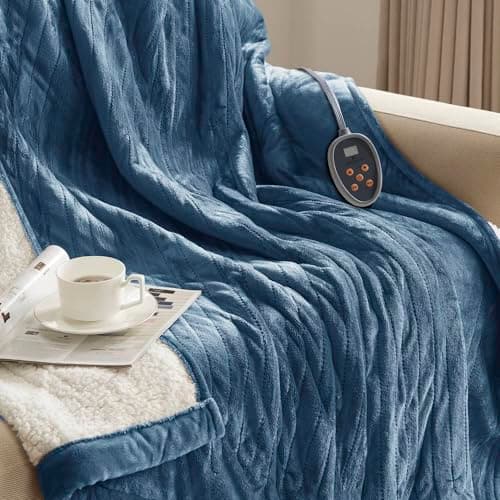 Woolrich Heated Plush to Berber Electric Blanket Throw Ultra Soft Knitted, Super Warm and Snuggly Cozy with Auto Shut Off and Multi Heat Level Setting Controllers, Full: 80x84, Sapphire 4