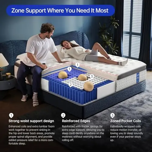 Queen Size Mattress,12 Inch Queen Mattress in a Box,Superior Hybrid Mattress with Gel Memory Foam or Back & Lumbar Support ,100 Night Trial,Soft,Pressure Relief,Zoned Support spring, Medium Firm 6