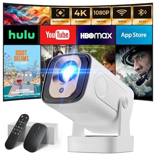 Projector [Auto Focus & 1080P Native & Bulit-in Apps] Projector 4K Support Auto Correction WiFi 6 Bluetooth 5.4 Mini Portable Projector Compatible with HDMI/TV Stick/Memory Stick/Laptop, White