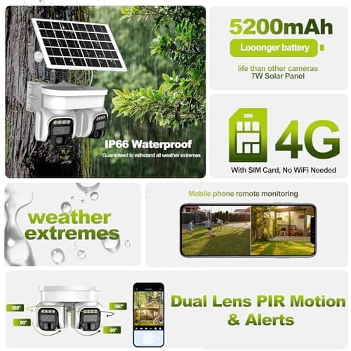 No WiFi Security Camera,4G LTE Cellular Security Camera Outdoor with Dual Lens 360° View, 2K Color Solar Cellular Cam Night Vision,PIR Motion Sensor,2 Way Talk,IP66 Waterproof, Built in SIM,White-QQ 8