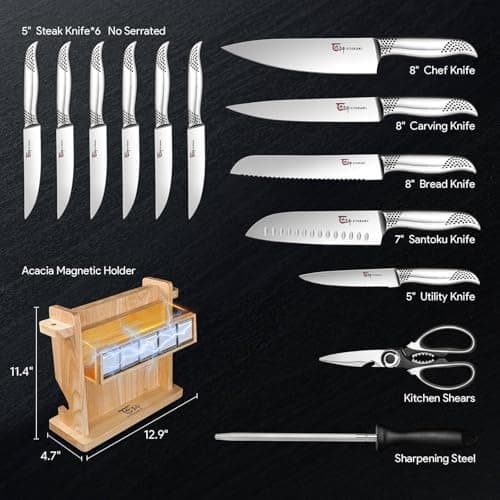SYOKAMI Japanese Knives Set for Kitchen, Magnetic Knife Set with Block and Sharpener, Stainless Steel Knife Set as Gift for Couple, Wedding, Women or Mom with Gift Box, 14 PCS Black Dot 7