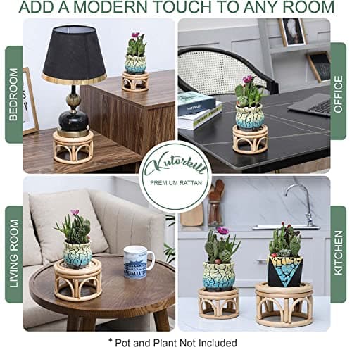 Set of 2 Small Boho Rattan Wicker Round Riser Plant Stand Indoor,Rustic Farmhouse Natural Wooden Circle Pedestal for Decor & Display, Tabletop, Office Decor 7