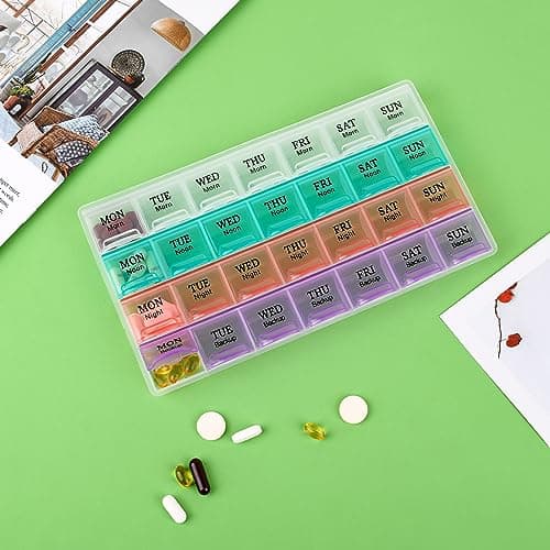 Large Weekly Pill Organizer 4 Times A Day, Moisture-Proof 7 Day Pill Box, Travel Pill Cases Portable for Pills Vitamin Fish Oil Supplements(Purple) 7