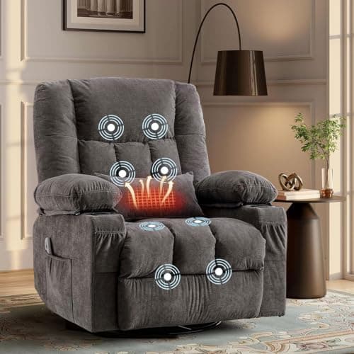 Swivel Recliner Chair for Adults,Oversized Rocker Recliner with Vibration Massage and Lumbar Heat,Ergonomic Rocking Chair with Side Pocket,2 Cup Holders,USB Charge Port for Living Room