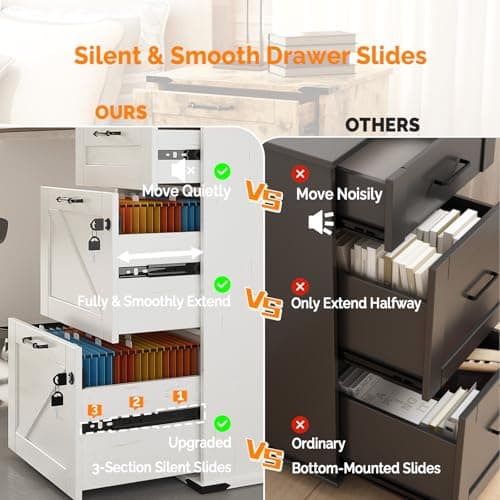 VINGLI 3 Drawer File Cabinet with Lock, Home Office Filing Organizer, for Letter Size File Folder Storage, Modern Farmhouse Style, Wood Vertical Filing Cabinet, Archivador (Rustic White & Brown) 6