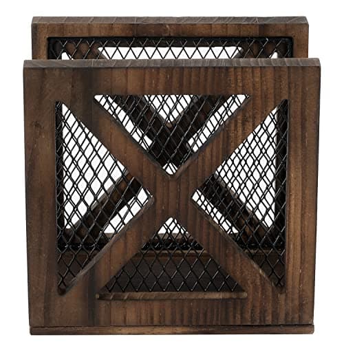 FARM IN Rustic Napkin Holder, Farmhouse Style Solid Burnt Wood and Diamond Metal Wire Mesh Design, Barn Door “X-Cross” Design, for Home and Commercial Use 4
