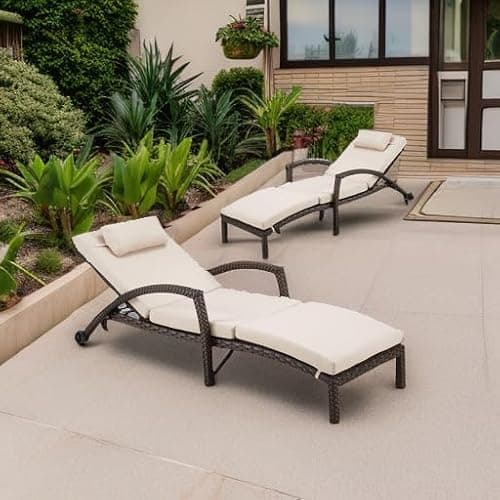 HOMREST Chaise Lounge Chairs Set of 2 for Outside, Adjustable 5 Position Outdoor PE Rattan Wicker Patio Pool Lounge Chair with Arm, Cushion, Pillow and Wheels for Poolside Backyard Deck Porch,Khaki 6