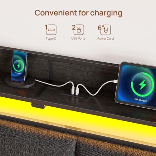 Rolanstar Bed Frame Twin Size with Charging Station and LED Lights, Upholstered Storage Headboard with Drawers, Heavy Duty Metal Slats, No Box Spring Needed, Noise Free, Easy Assembly, Dark Grey 7