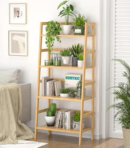 Homykic Ladder Shelf, 4-Tier Bamboo Ladder Bookshelf Small Bookcase, 49” Tall Open Display Shelves Wood Plant Stand Storage Rack for Living Room, Bathroom, Bedroom, Home Office