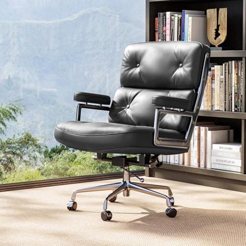 Genuine Leather Office Chair, Mid Back Executive Desk Chairs with Aluminum Arms and Wheels, Swivel Office Leather Chair with Thickened Backrest and Ergonomic Lumbar Support, Black