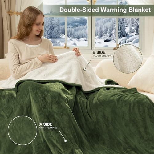 FVERWAG Heating Blanket Queen Size Washable - 84 x 90 Inch Double Zone Electric Blanket with 10 Hours Auto Off, 5 Heat Settings, Soft Flannel Sherpa Heated Blanket for Bed, ETL Certified, Green 6