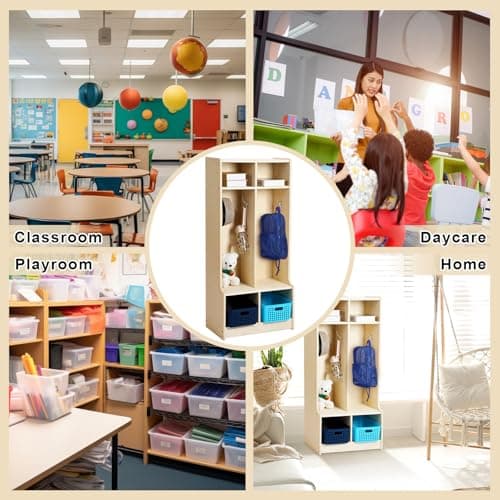 Geelin 2-Section Coat Locker with Cubbies - 48" Wood Daycare Locker Cubbies with Bench Classroom Storage Organizer Furniture for Backpack, Clothing, Shoewear 5