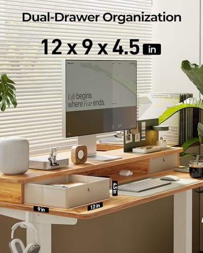 FEZIBO 48'' x 24'' Standing Desk with Double Drawers, Adjustable Desk, Home Office Stand Up Table with 4 Height-Adjustable Feets & 2 Hooks, Light Rustic 7