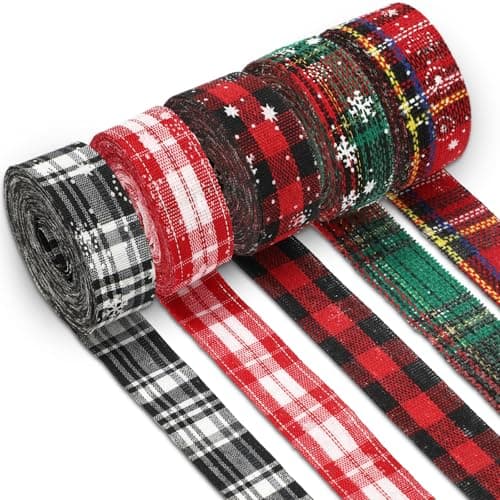 Whaline 5 Rolls 30 Yard Christmas Burlap Ribbon - 1 Inch Snowflake Plaid for Gift Wrapping, Winter Xmas Decorations, DIY Crafts, Wreath Bow Making Supplies